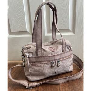 KIPLING Kiara Nylon Dusty Rose/Taupe Multi Zip Satchel Crossbody Tote Purse